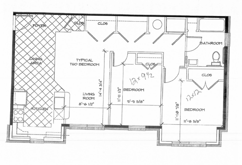 Floor plan for 2 beds, 1 bath, 994 sqft